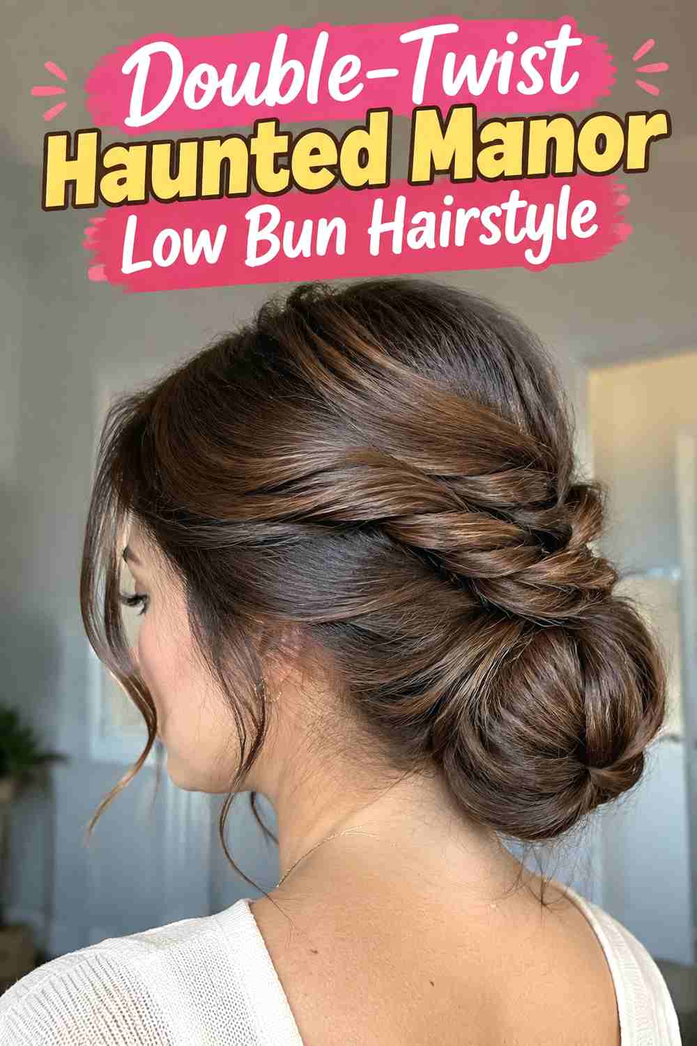 15. Double Twist Haunted Manor Low Bun Hairstyle