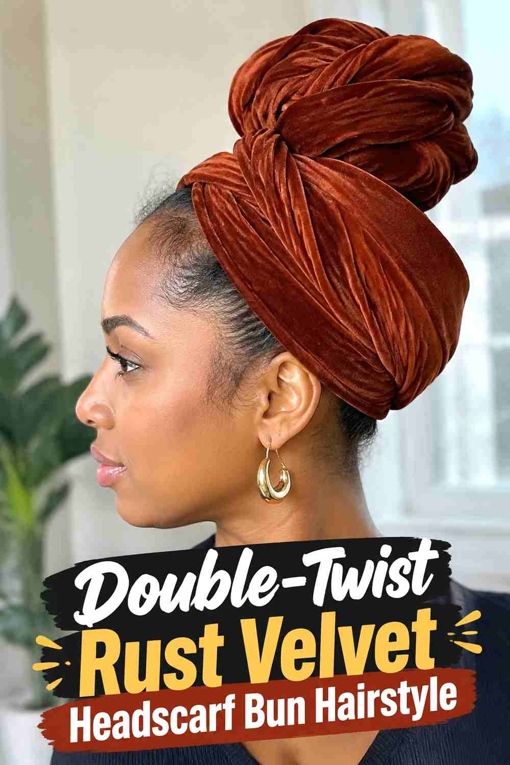 17. Double Twist Rust Velvet Headscarf Bun Hairstyle