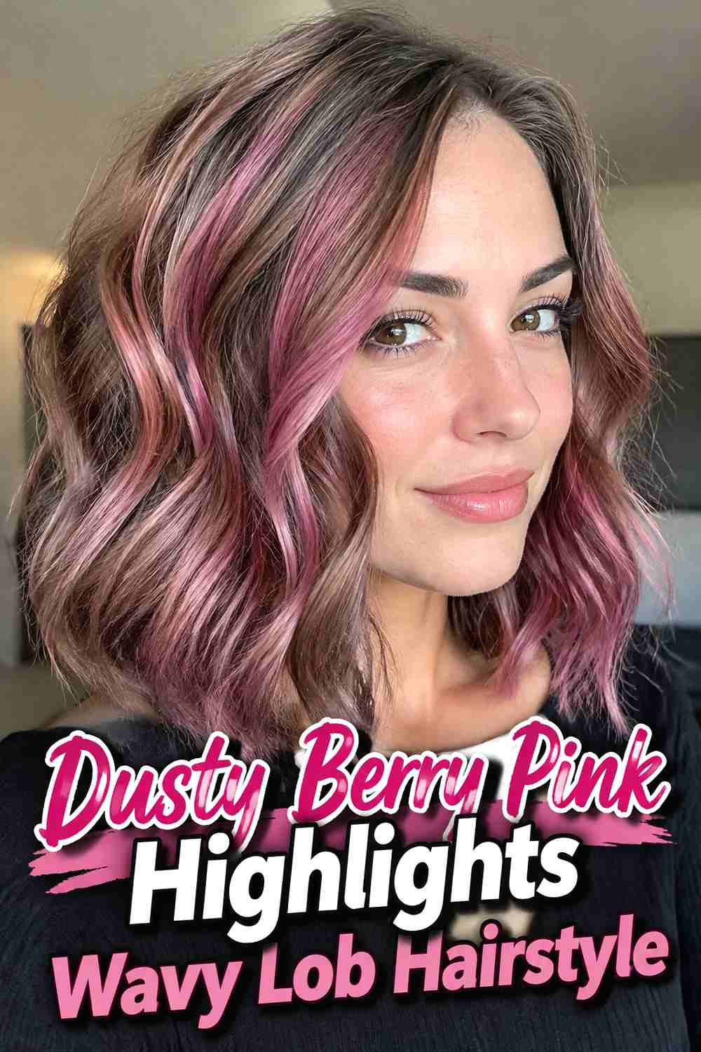 9. Dusty Berry Pink Highlights Wavy Lob Hairstyle