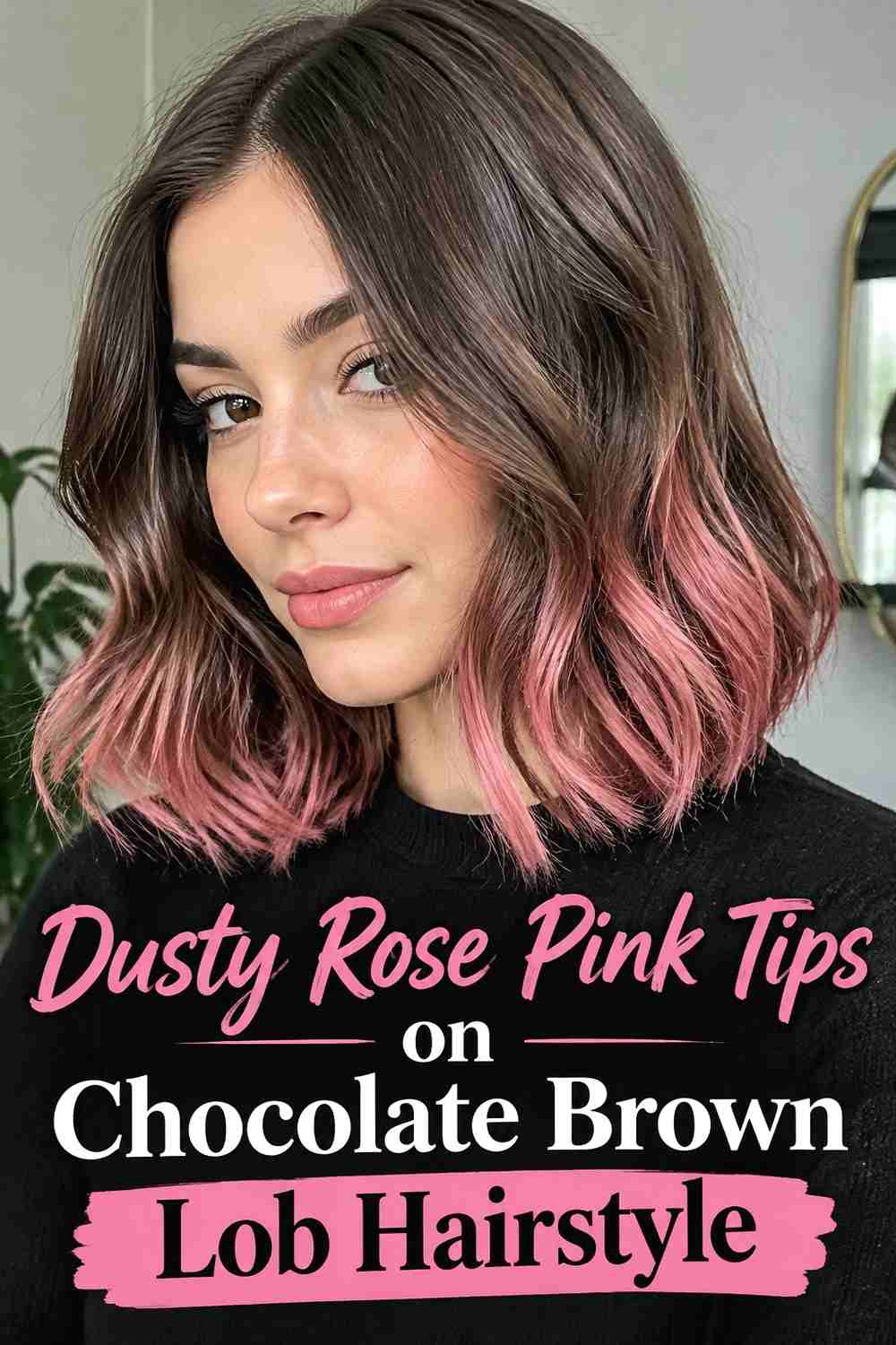 4. Dusty Rose Pink Tips On Chocolate Brown Lob Hairstyle
