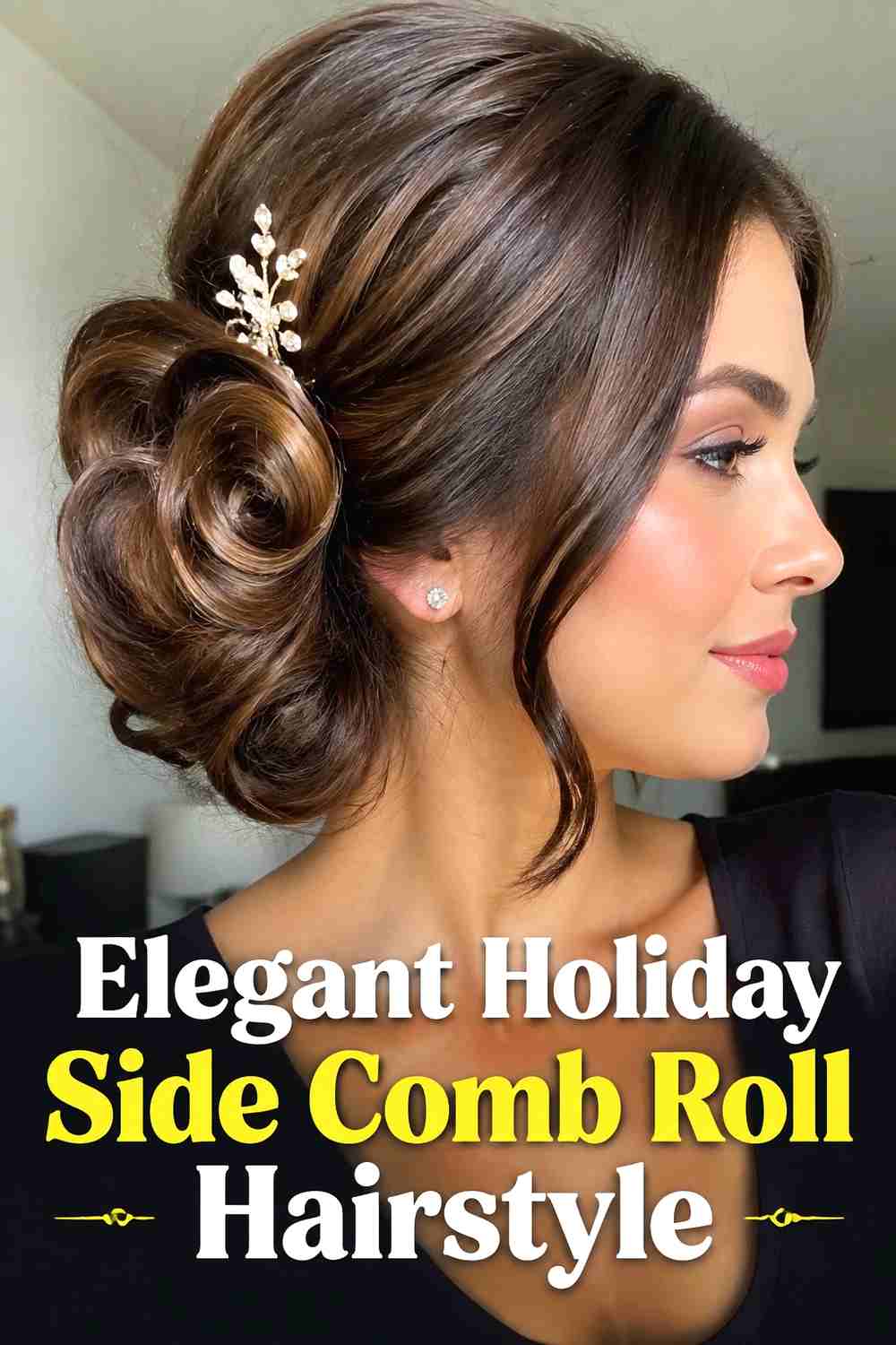 12. Elegant Holiday Side Comb Roll Hairstyle