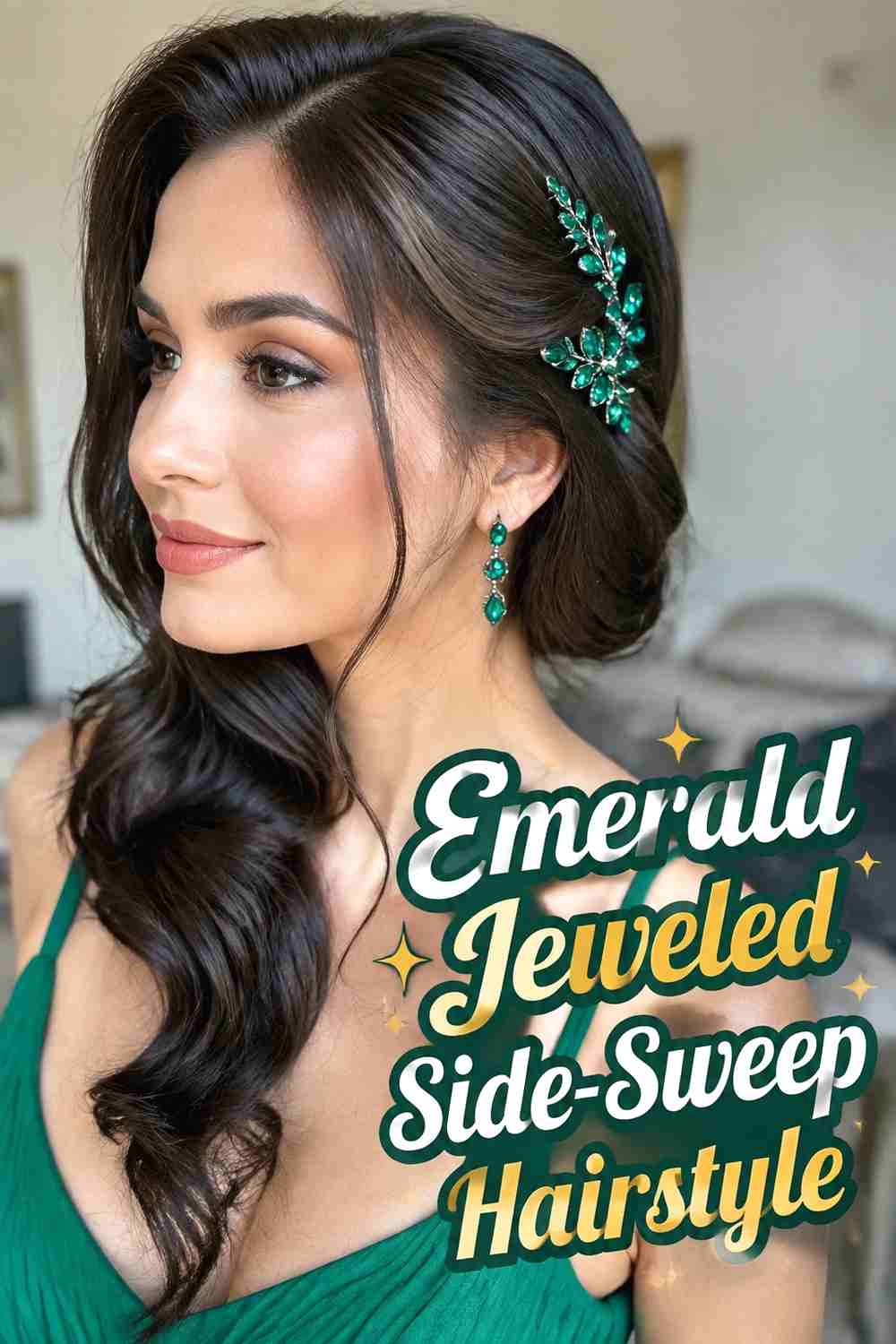 3. Emerald Jeweled Side Sweep Hairstyle