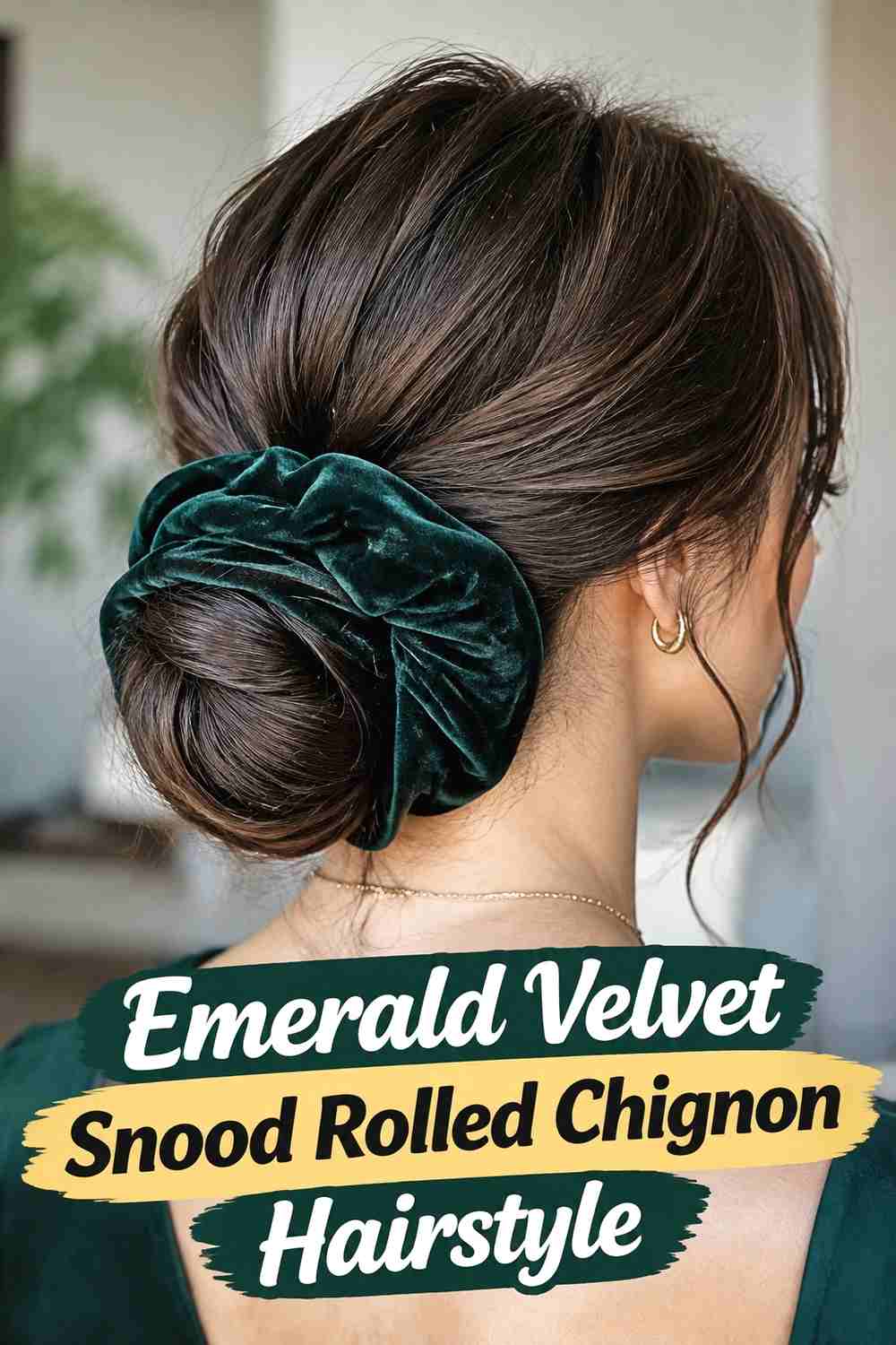 8. Emerald Velvet Snood Rolled Chignon Hairstyle