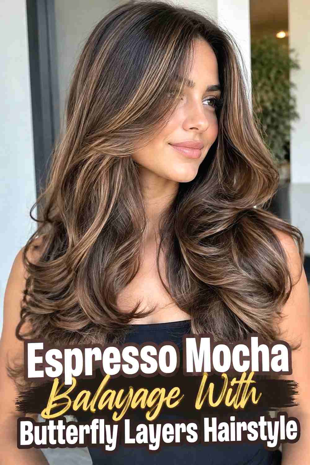 8. Espresso Mocha Balayage With Butterfly Layers Hairstyle