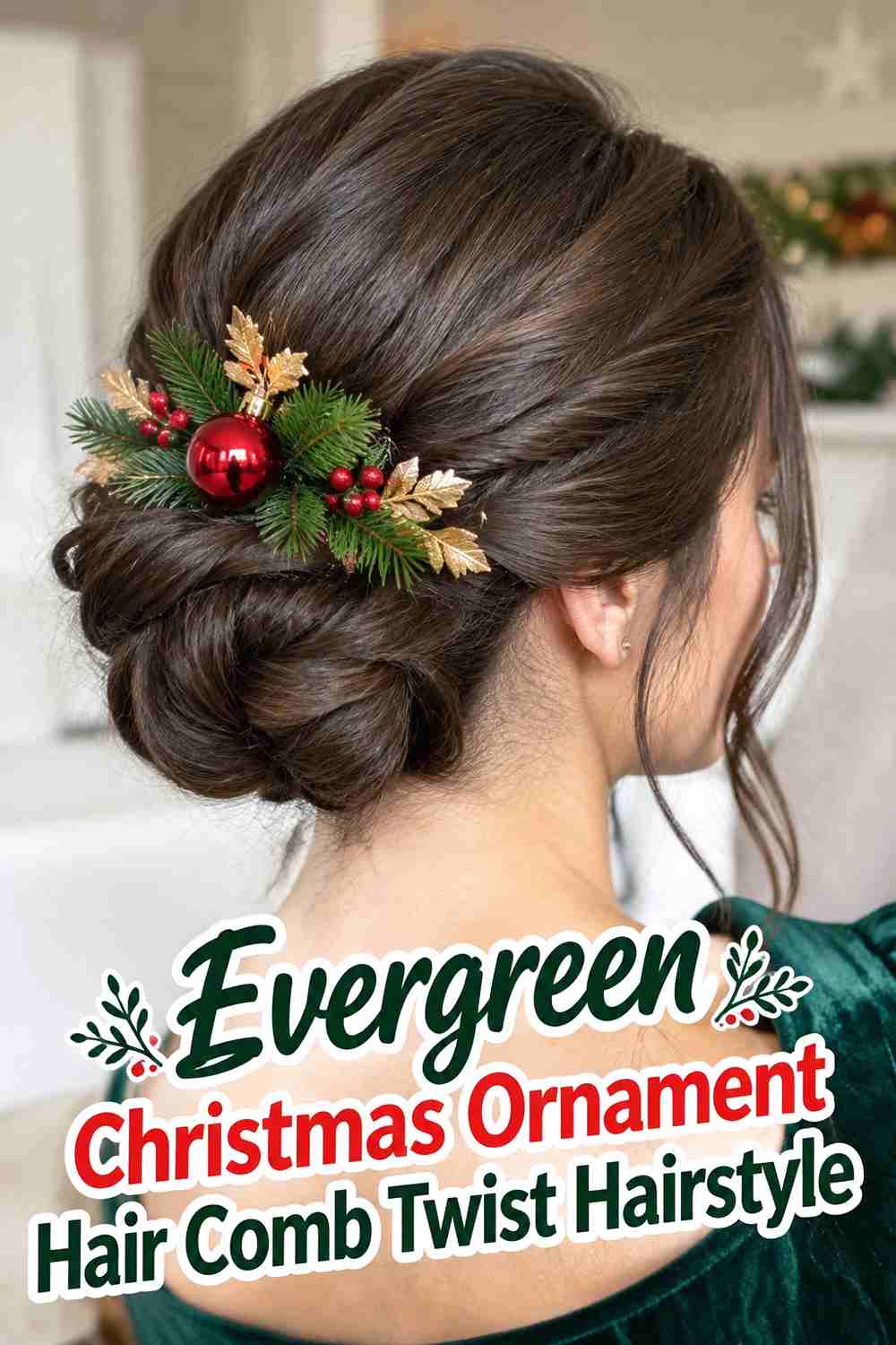 6. Evergreen Christmas Ornament Hair Comb Twist Hairstyle