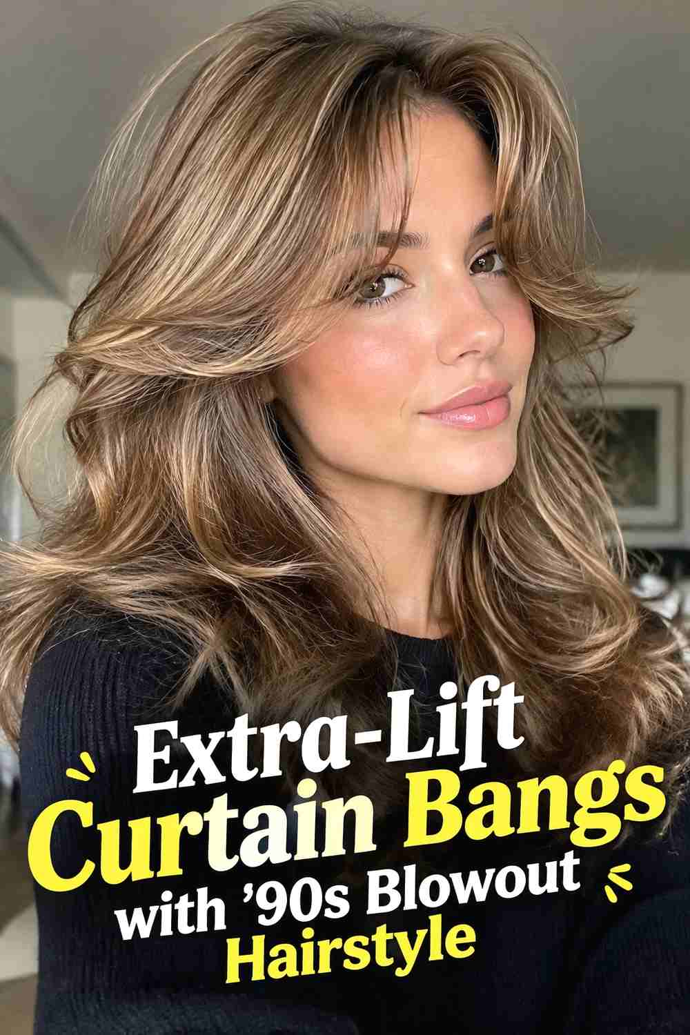 12. Extra Lift Curtain Bangs With 90s Blowout Hairstyle