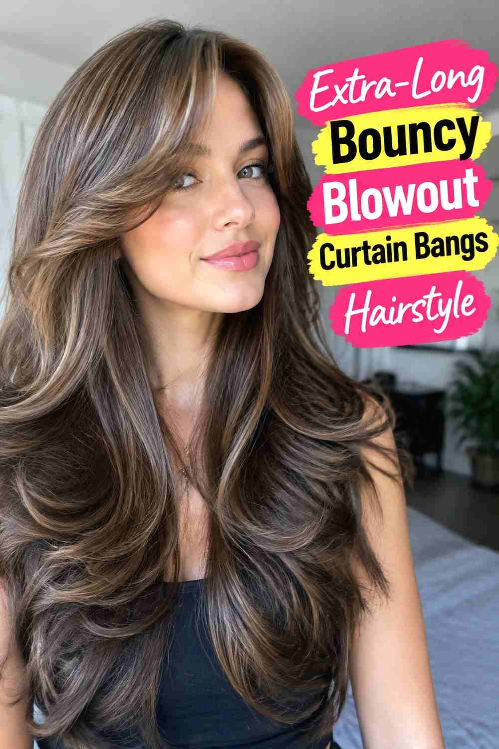 13. Extra Long Bouncy Blowout Curtain Bangs Hairstyle