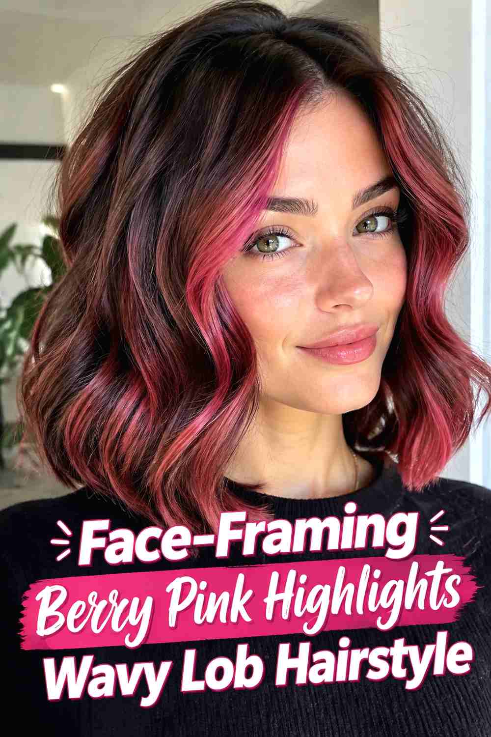 5. Face Framing Berry Pink Highlights Wavy Lob Hairstyle