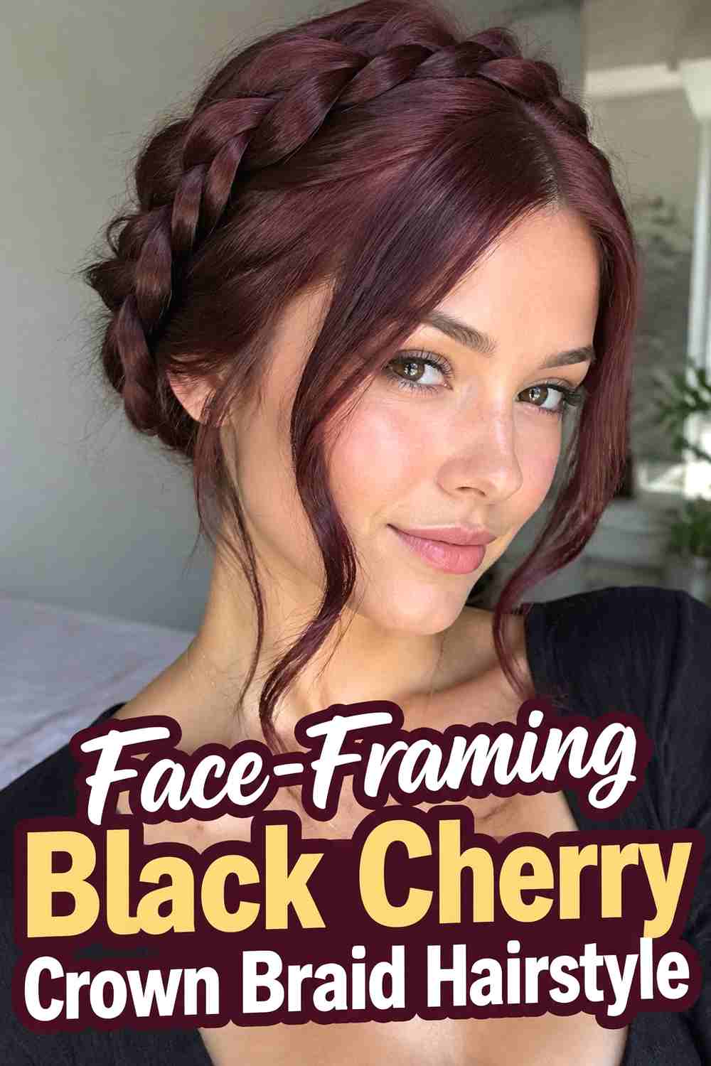 7. Face Framing Black Cherry Crown Braid Hairstyle