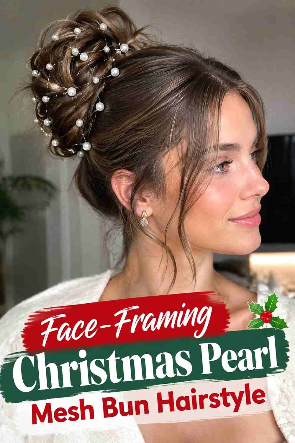 13. Face Framing Christmas Pearl Mesh Bun Hairstyle