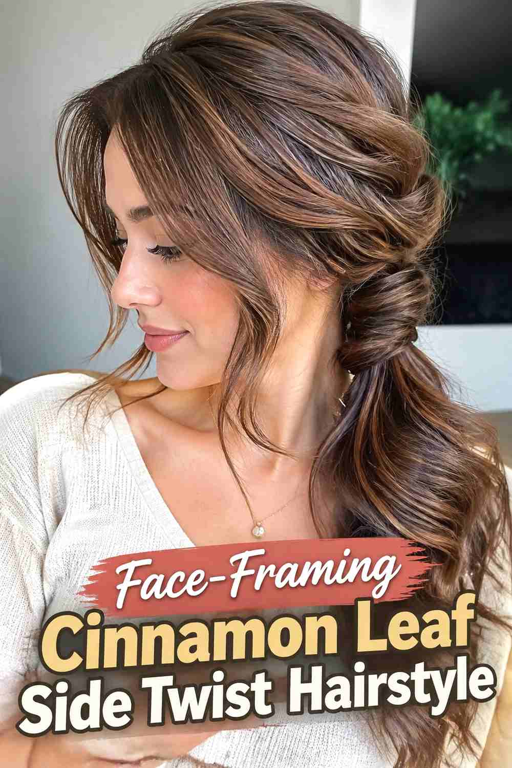 8. Face Framing Cinnamon Leaf Side Twist Hairstyle