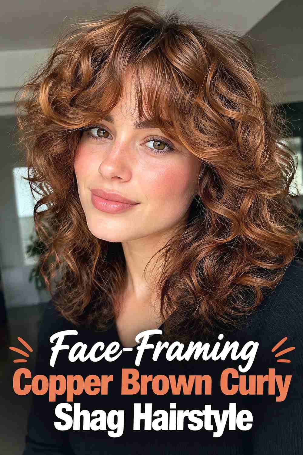 9. Face Framing Copper Brown Curly Shag Hairstyle