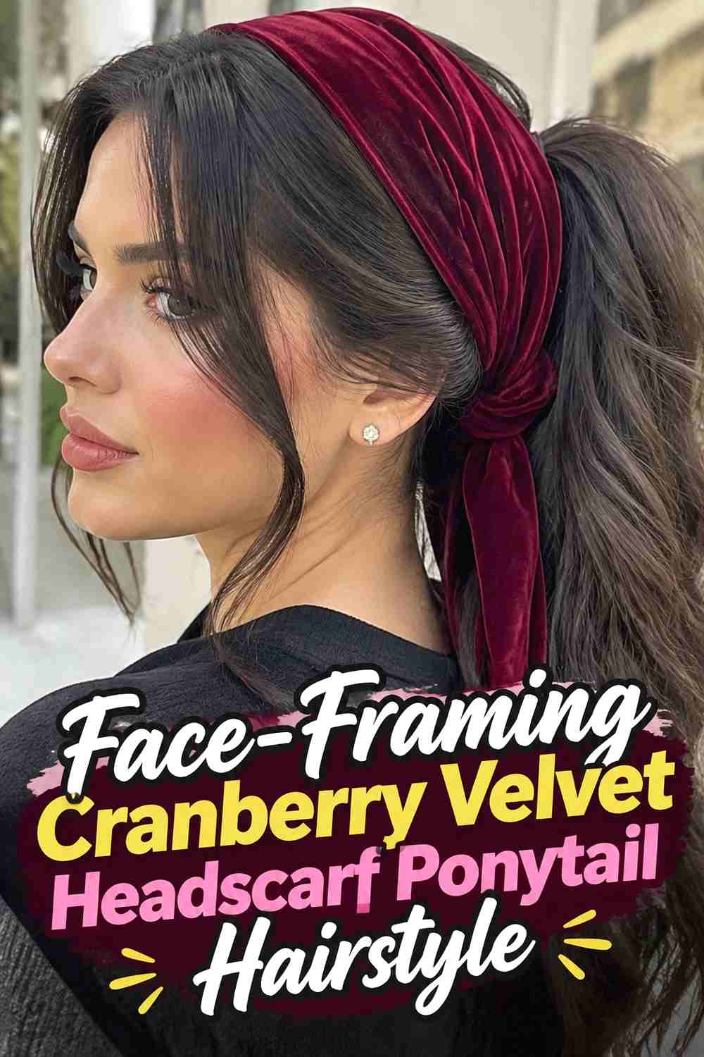 7. Face Framing Cranberry Velvet Headscarf Ponytail Hairstyle