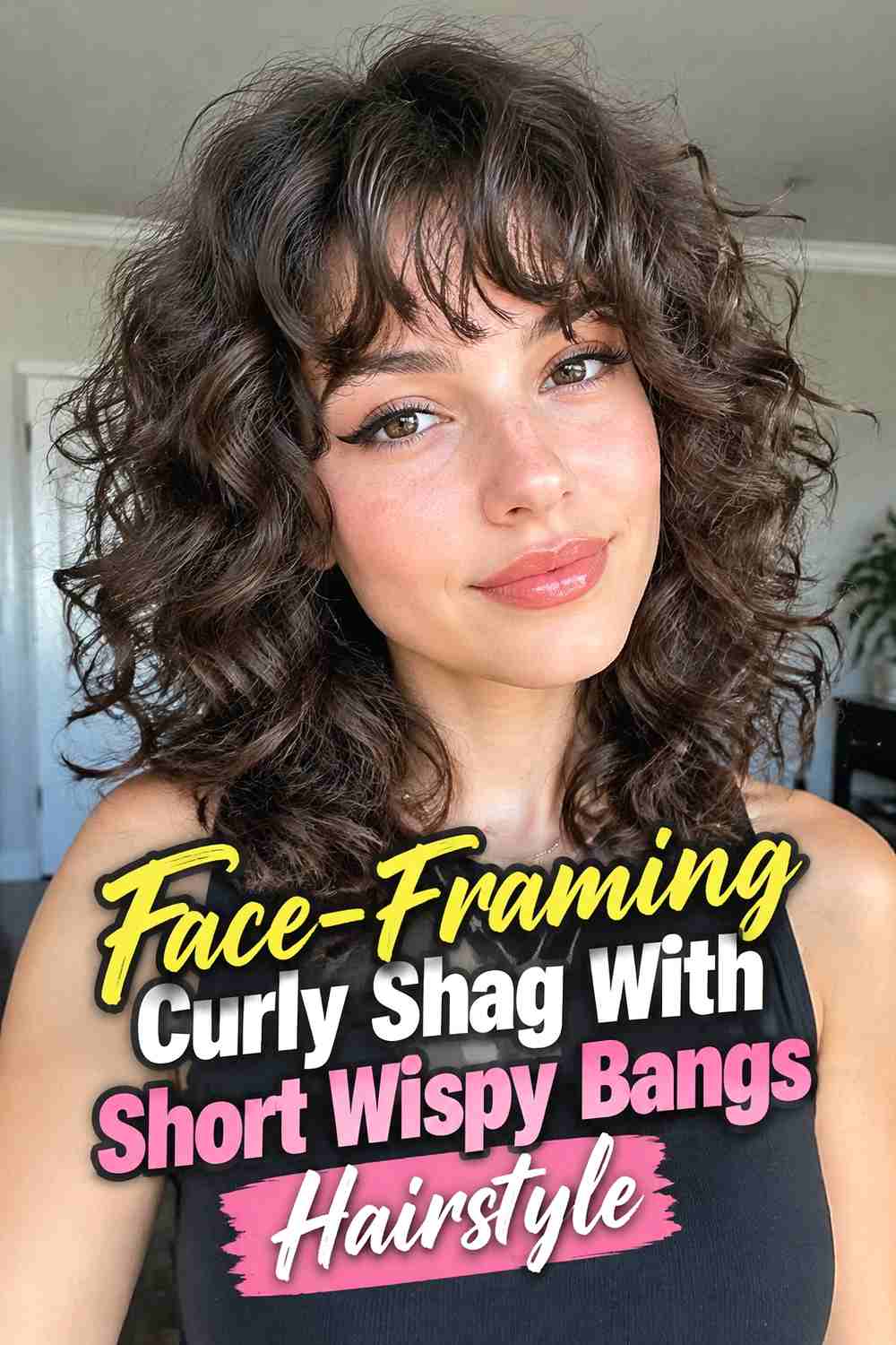 9. Face Framing Curly Shag With Short Wispy Bangs Hairstyle