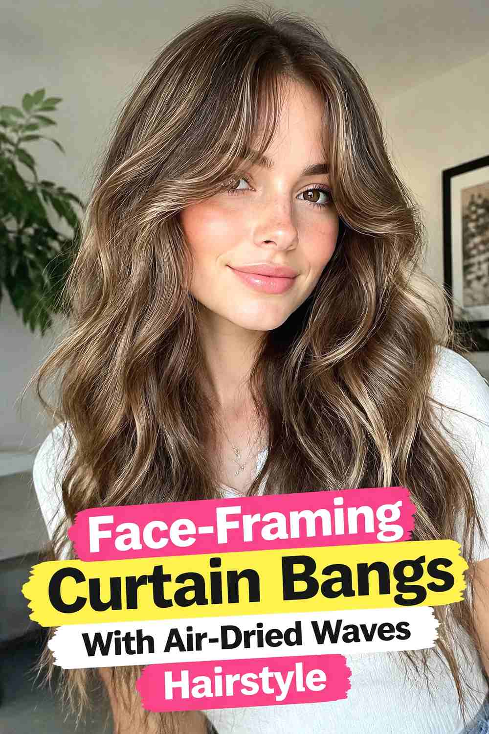 13. Face Framing Curtain Bangs With Air Dried Waves Hairstyle