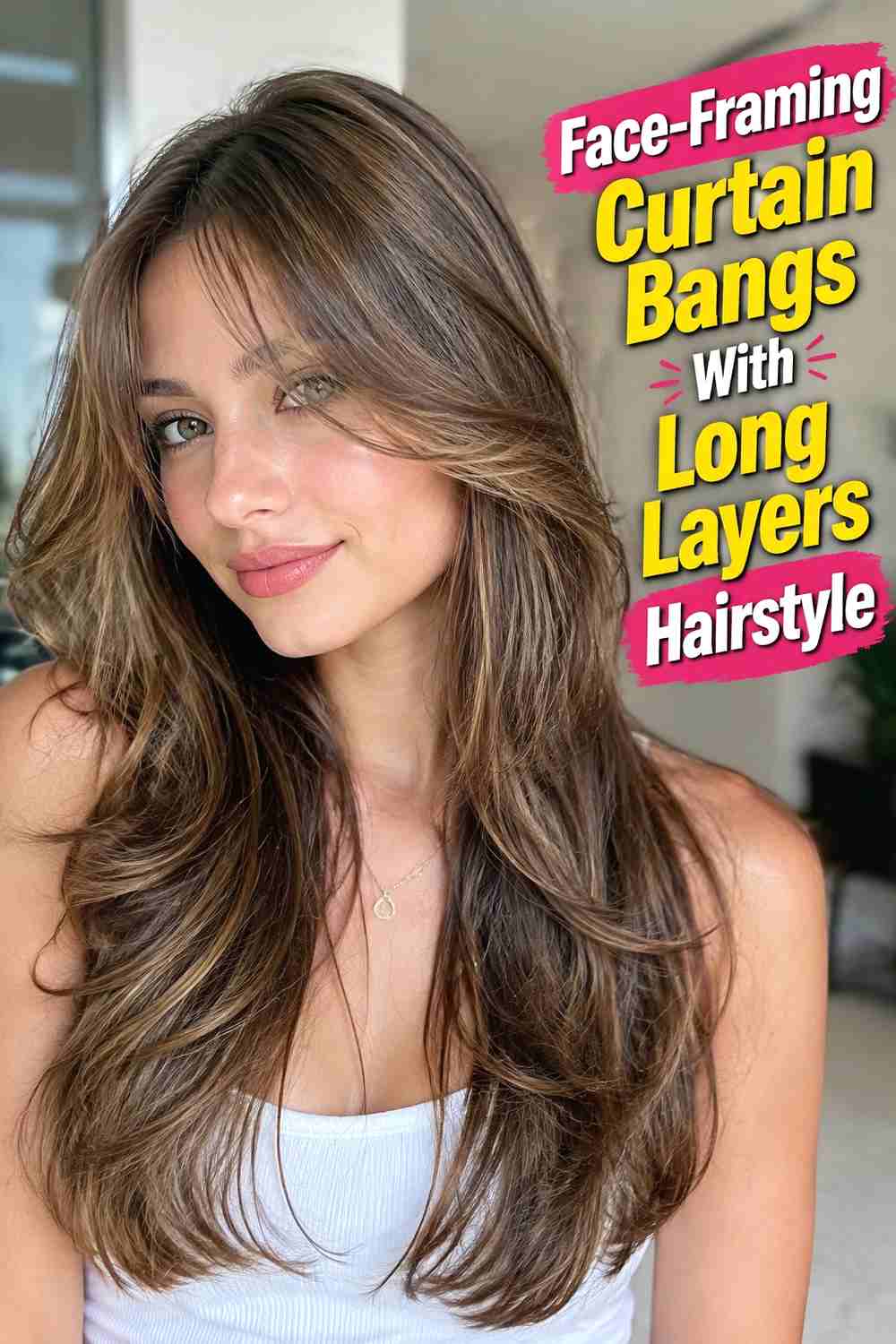 9. Face Framing Curtain Bangs With Long Layers Hairstyle