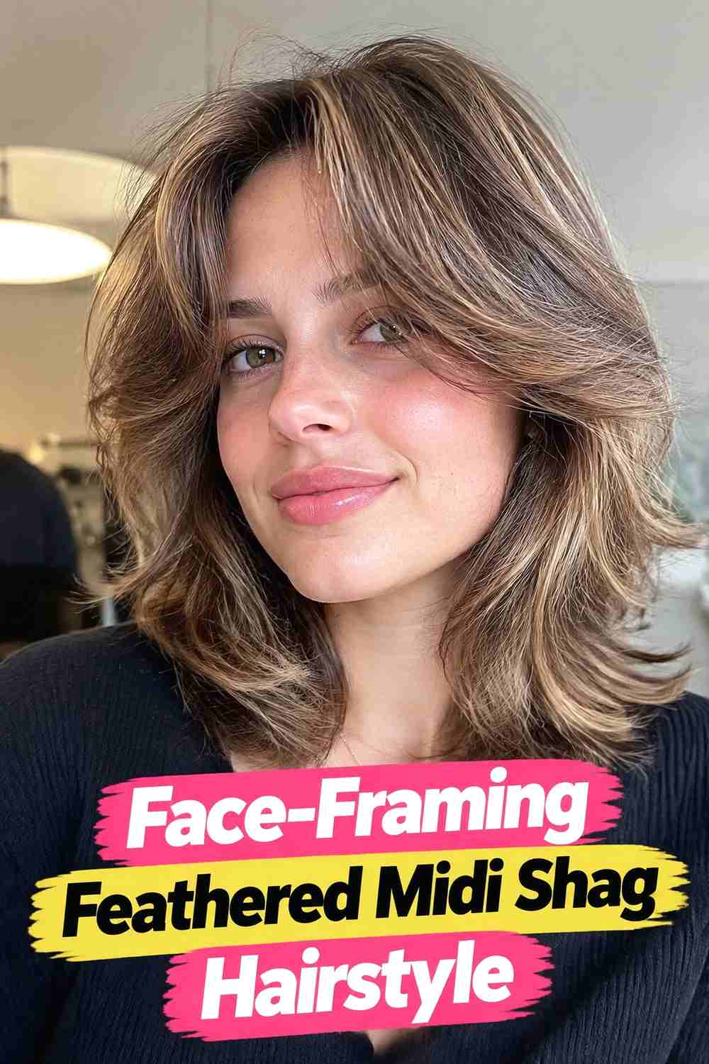 6. Face Framing Feathered Midi Shag Hairstyle