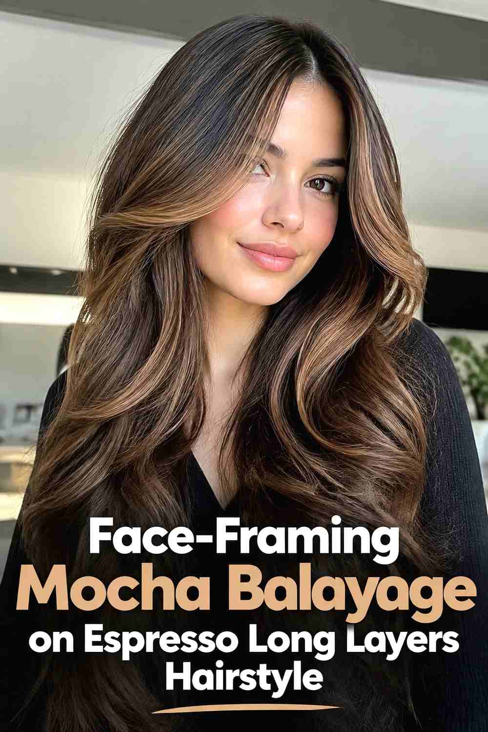 3. Face Framing Mocha Balayage On Espresso Long Layers Hairstyle