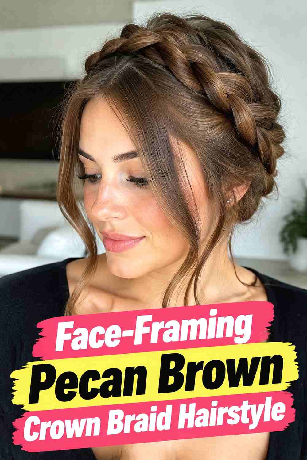 8. Face Framing Pecan Brown Crown Braid Hairstyle