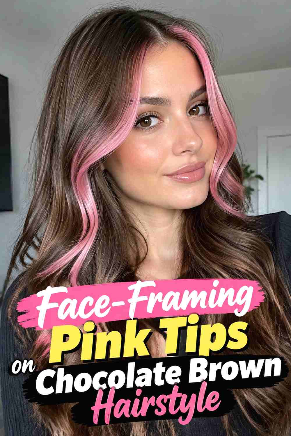 13. Face Framing Pink Tips On Chocolate Brown Hairstyle