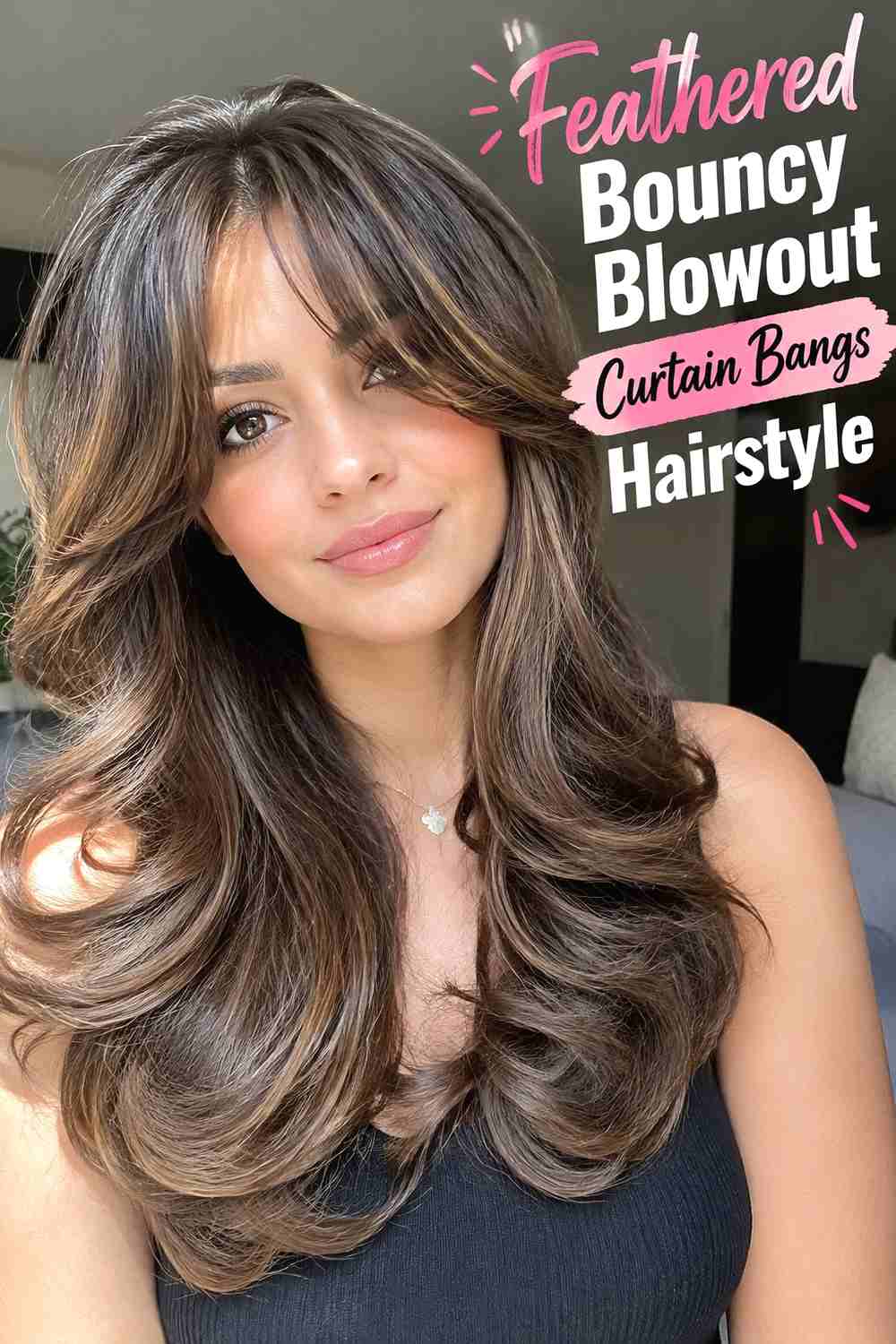 2. Feathered Bouncy Blowout Curtain Bangs Hairstyle