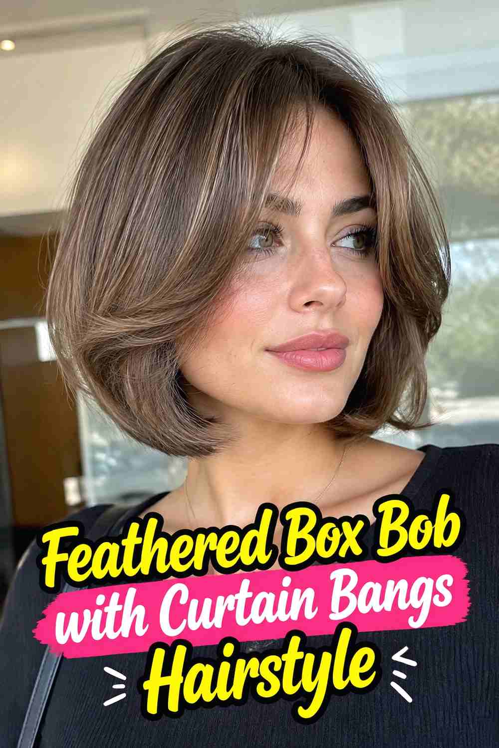 7. Feathered Box Bob With Curtain Bangs Hairstyle