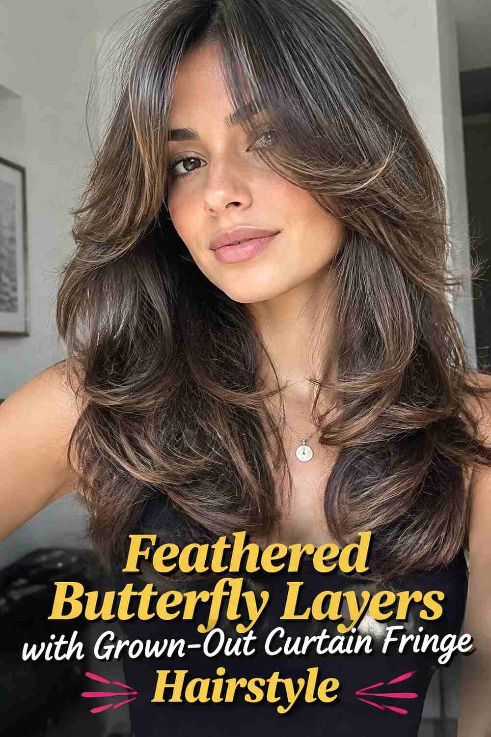 9. Feathered Butterfly Layers With Grown Out Curtain Fringe Hairstyle