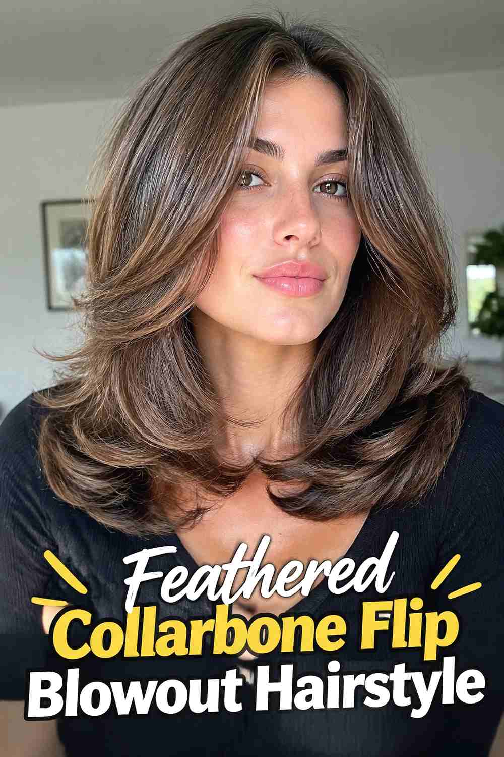 8. Feathered Collarbone Flip Blowout Hairstyle