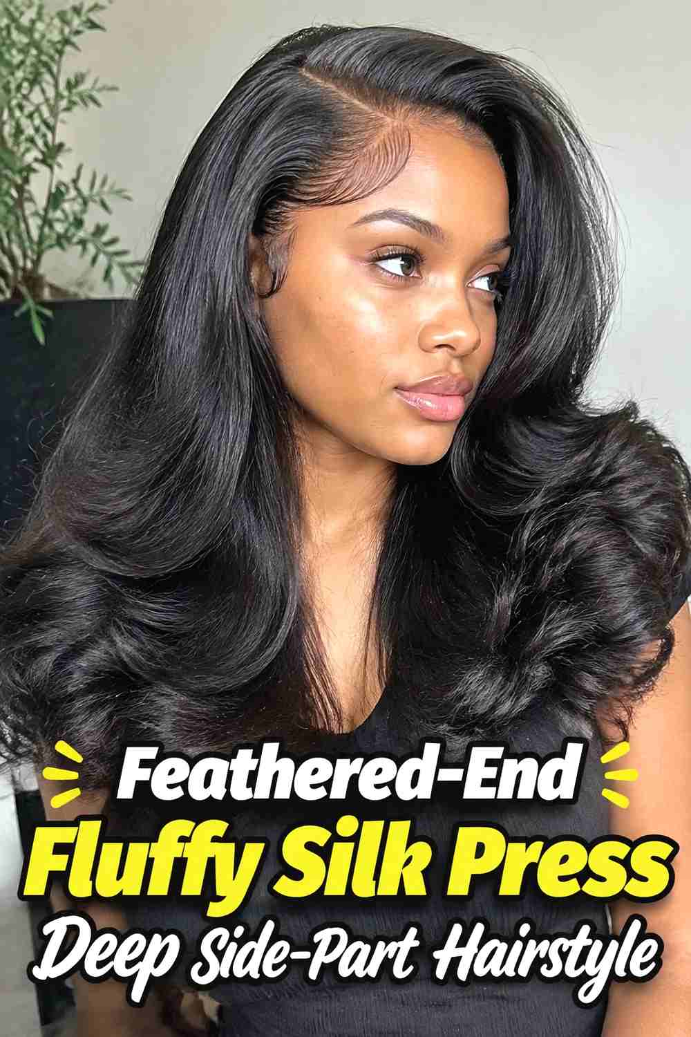 2. Feathered End Fluffy Silk Press Deep Side Part Hairstyle
