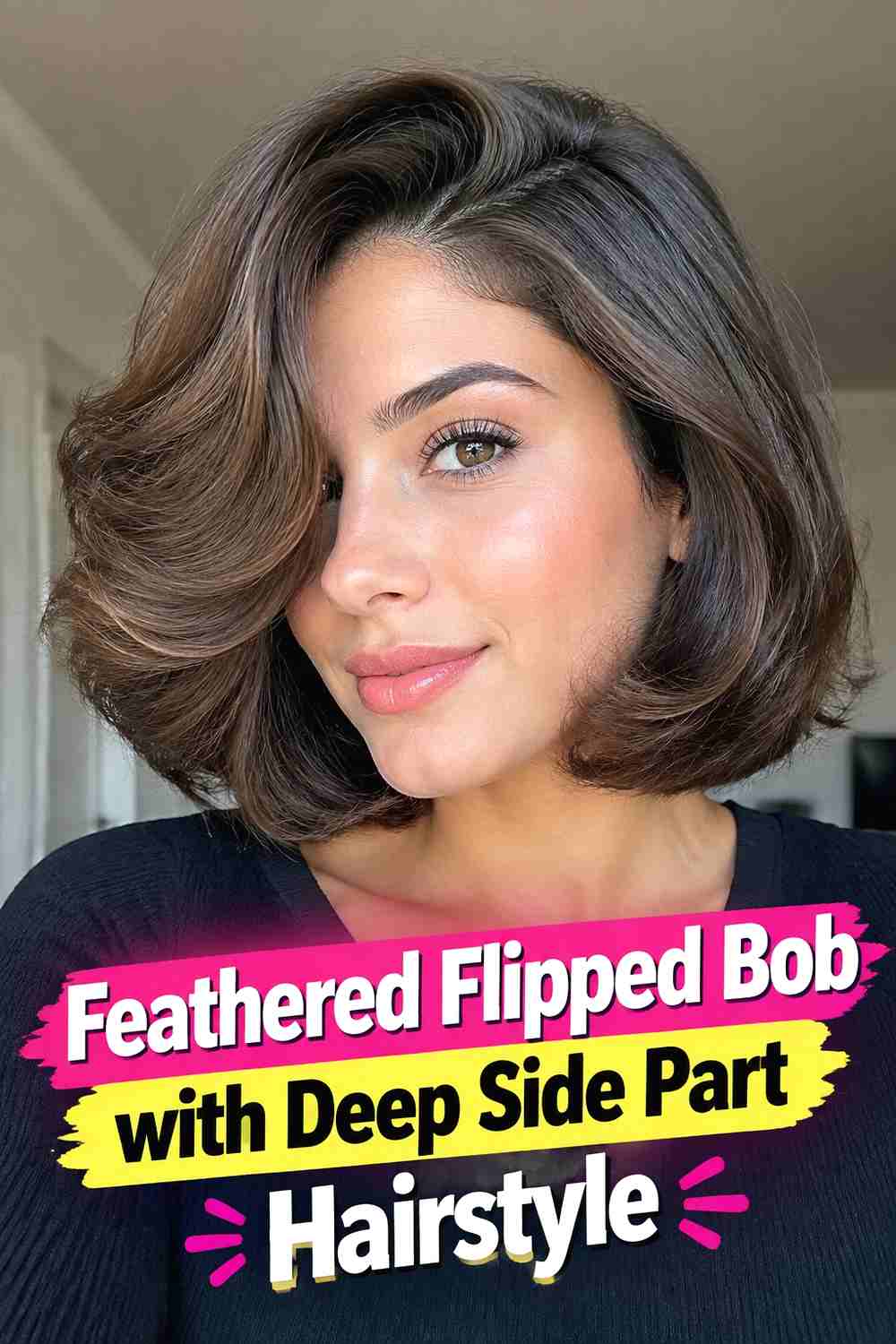 12. Feathered Flipped Bob With Deep Side Part Hairstyle