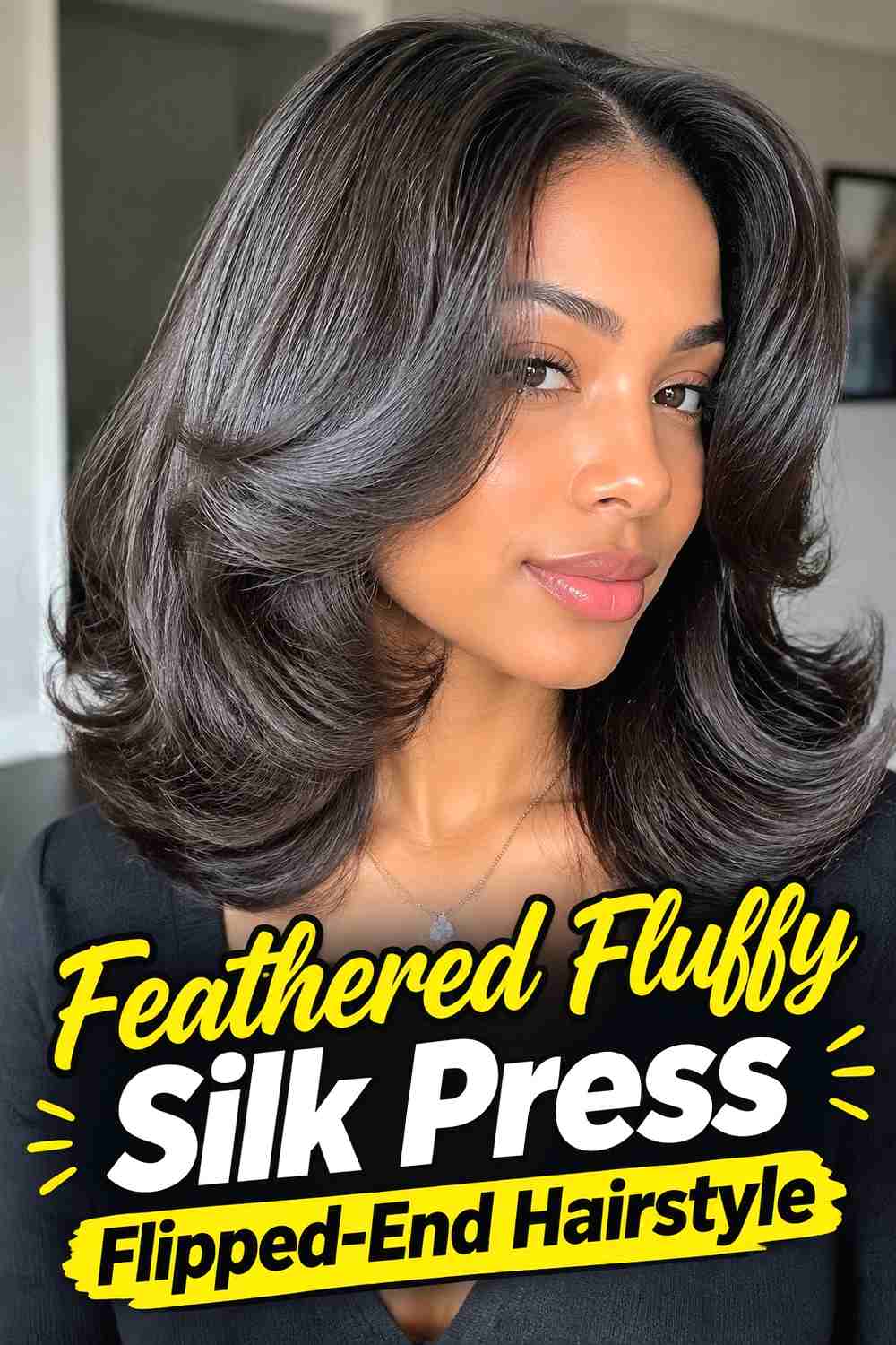 9. Feathered Fluffy Silk Press Flipped End Hairstyle