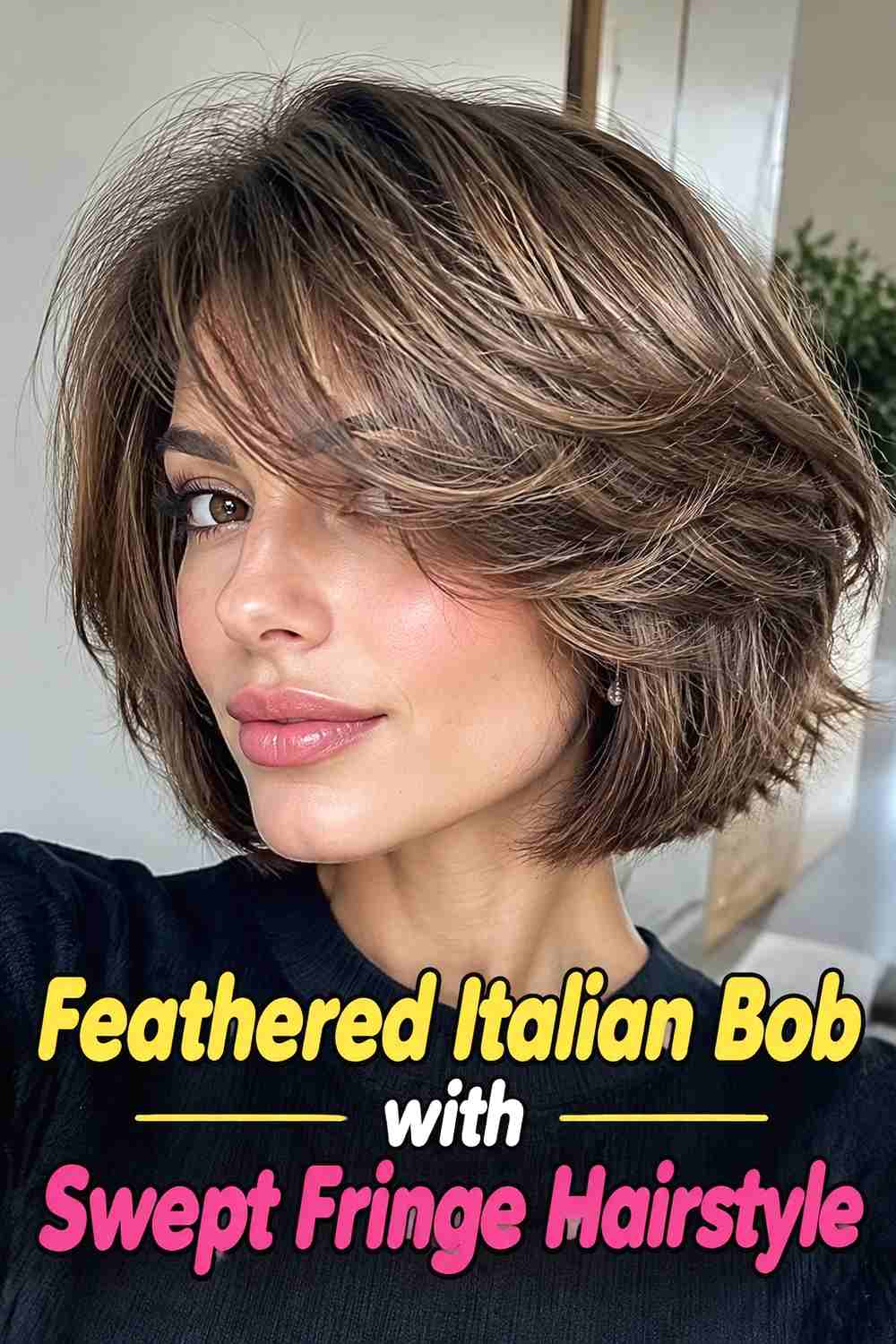 12. Feathered Italian Bob With Swept Fringe Hairstyle
