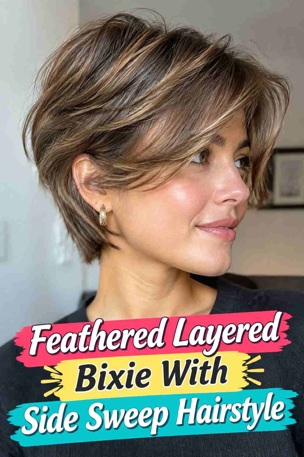 2. Feathered Layered Bixie With Side Sweep Hairstyle