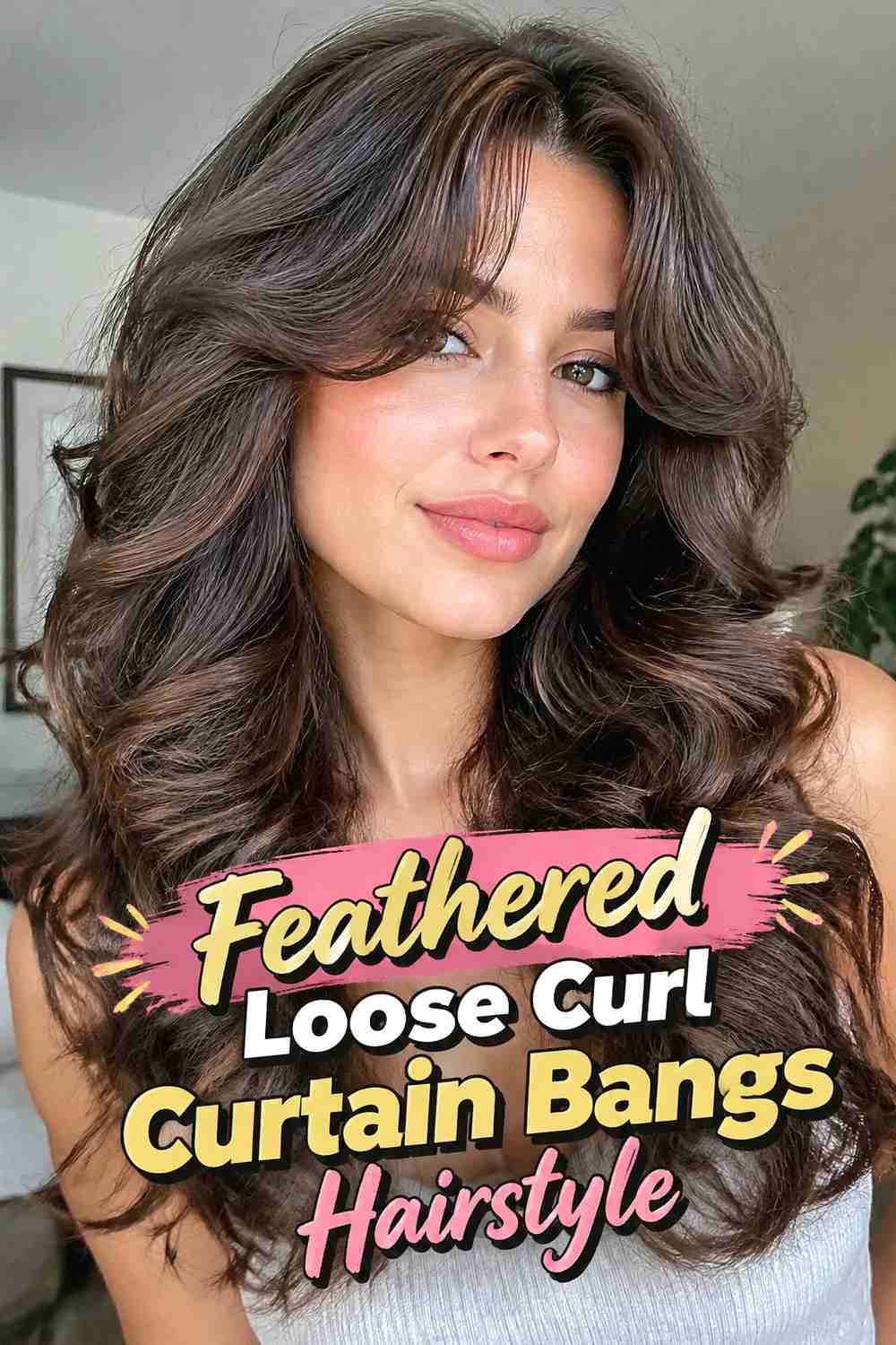 6. Feathered Loose Curl Curtain Bangs Hairstyle