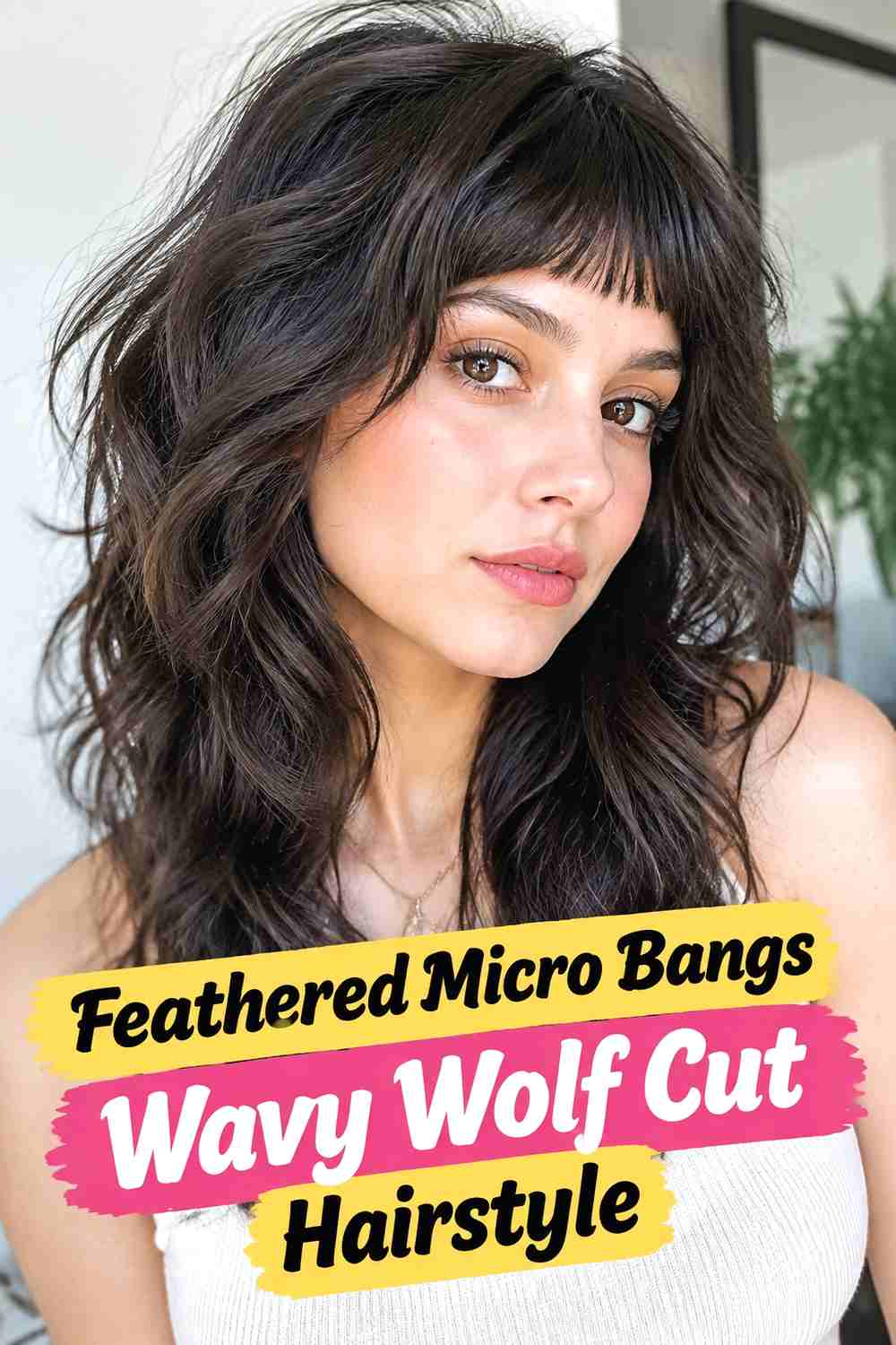 11. Feathered Micro Bangs Wavy Wolf Cut Hairstyle