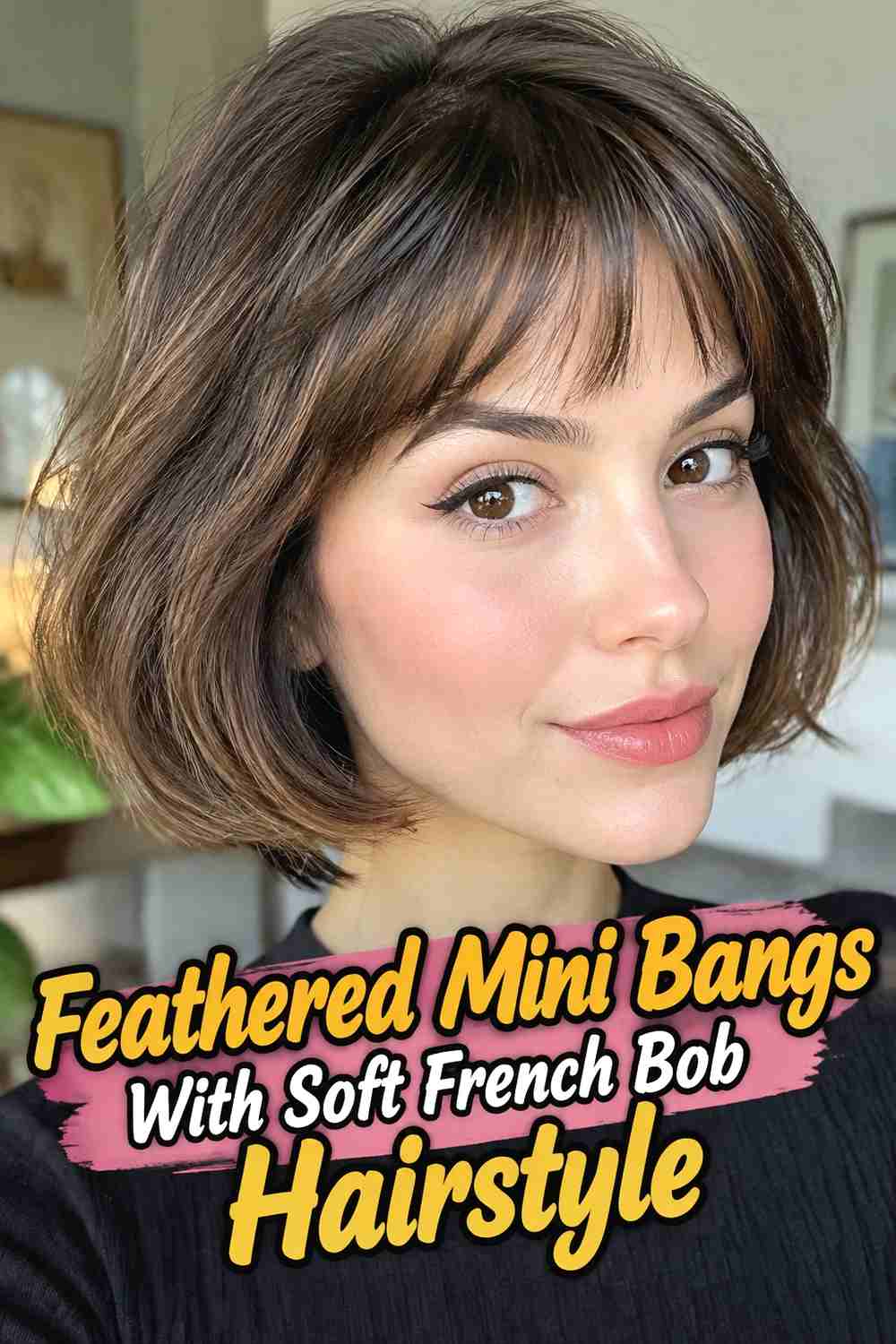 9. Feathered Mini Bangs With Soft French Bob Hairstyle