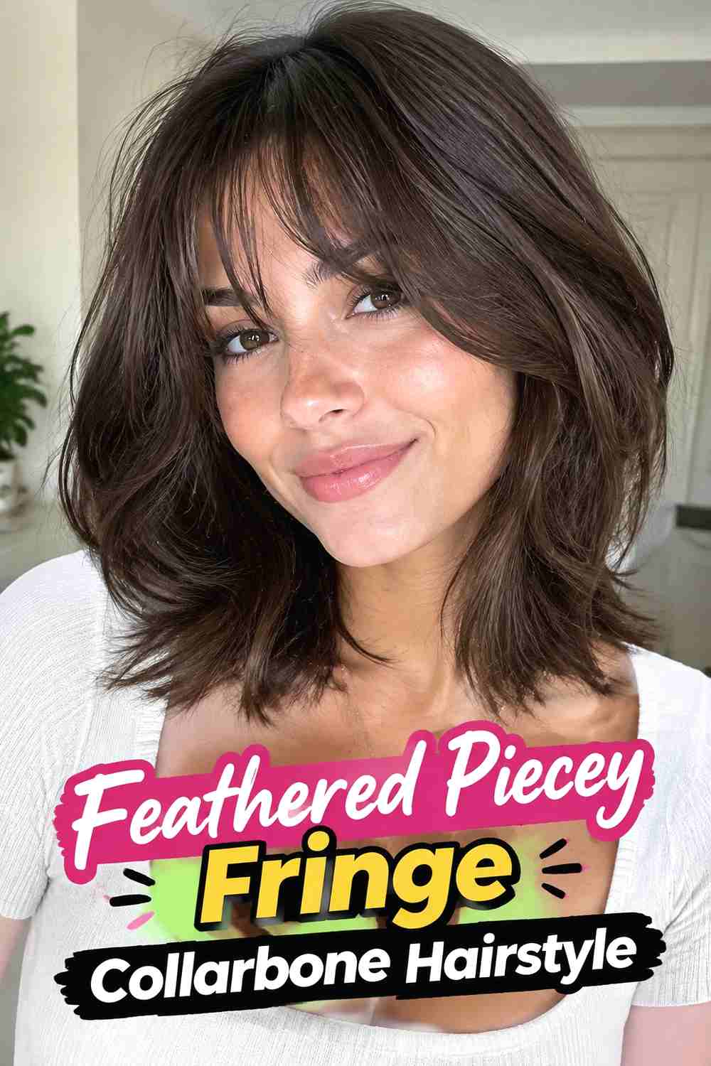 9. Feathered Piecey Fringe Collarbone Hairstyle