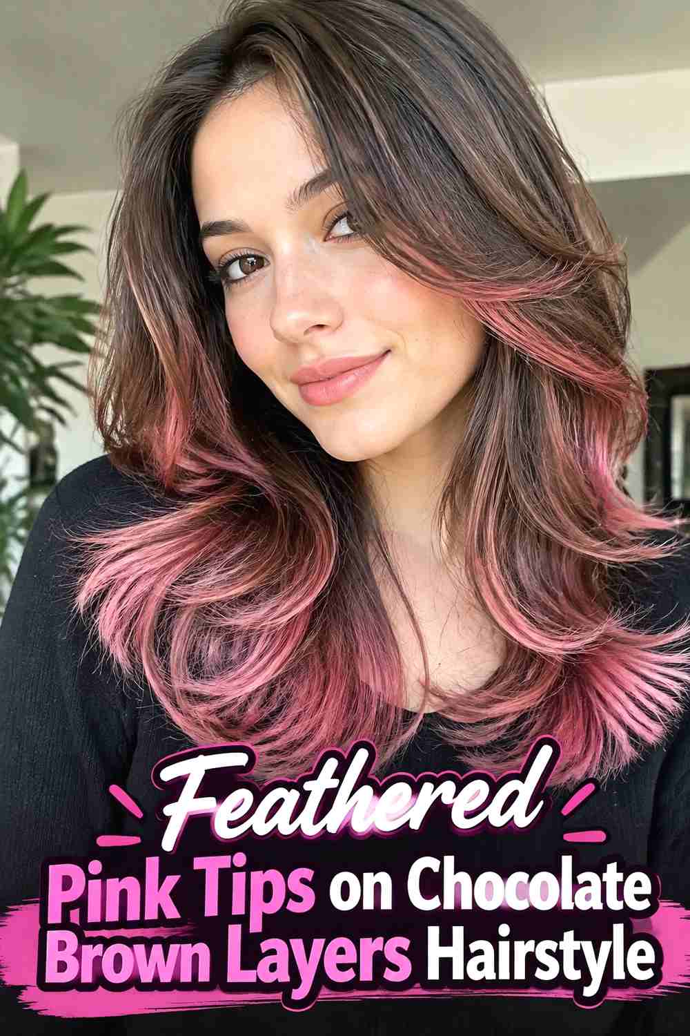 9. Feathered Pink Tips On Chocolate Brown Layers Hairstyle