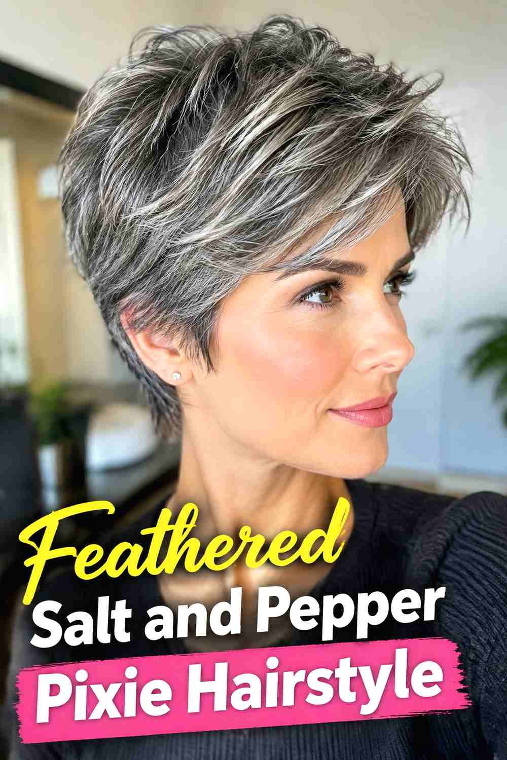 2. Feathered Salt And Pepper Pixie Hairstyle