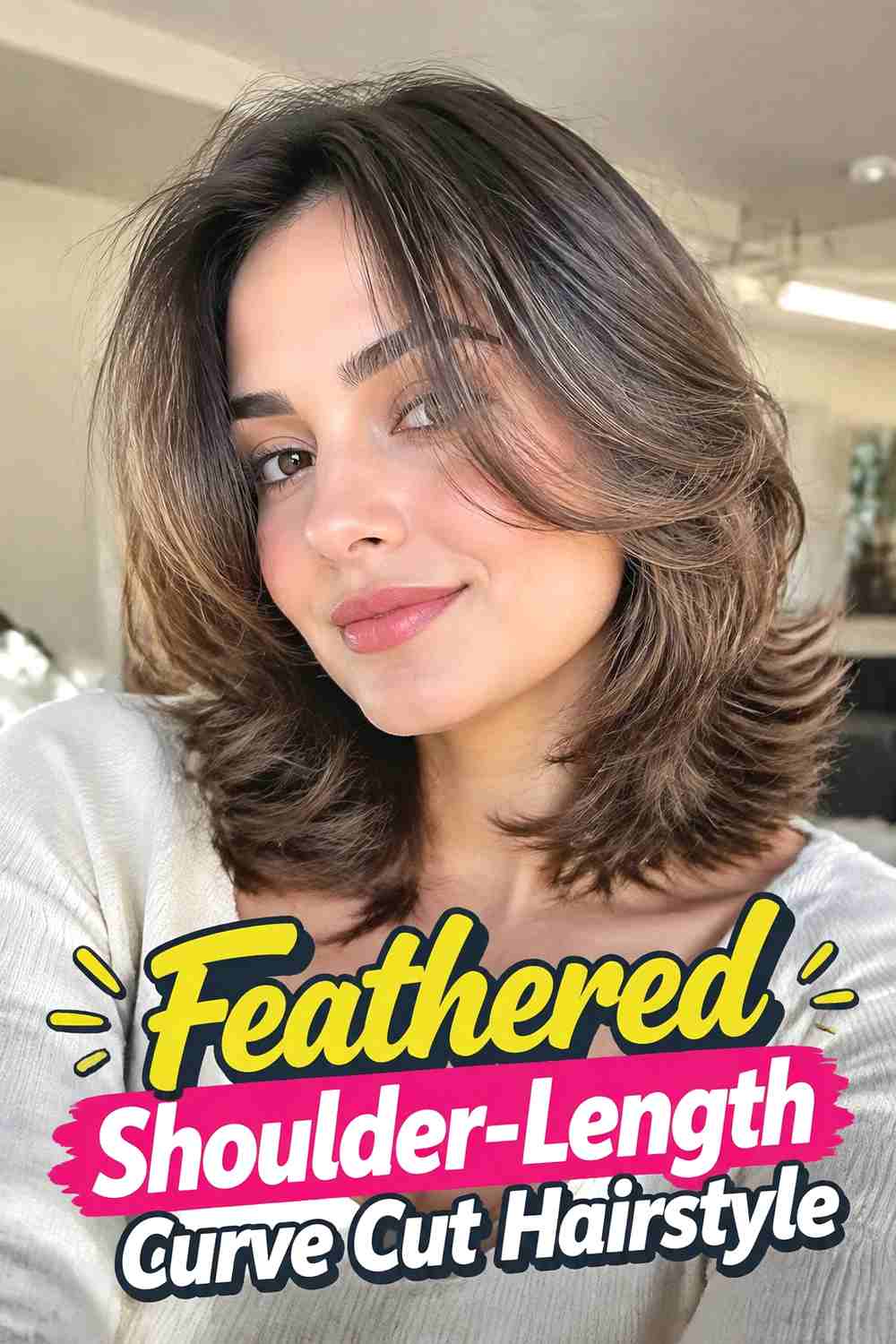 10. Feathered Shoulder Length Curve Cut Hairstyle