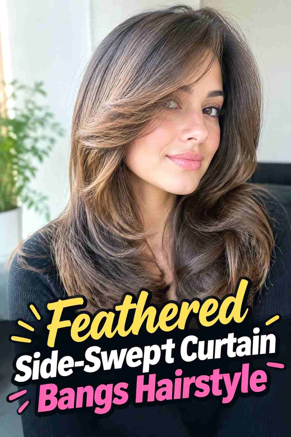 3. Feathered Side Swept Curtain Bangs Hairstyle