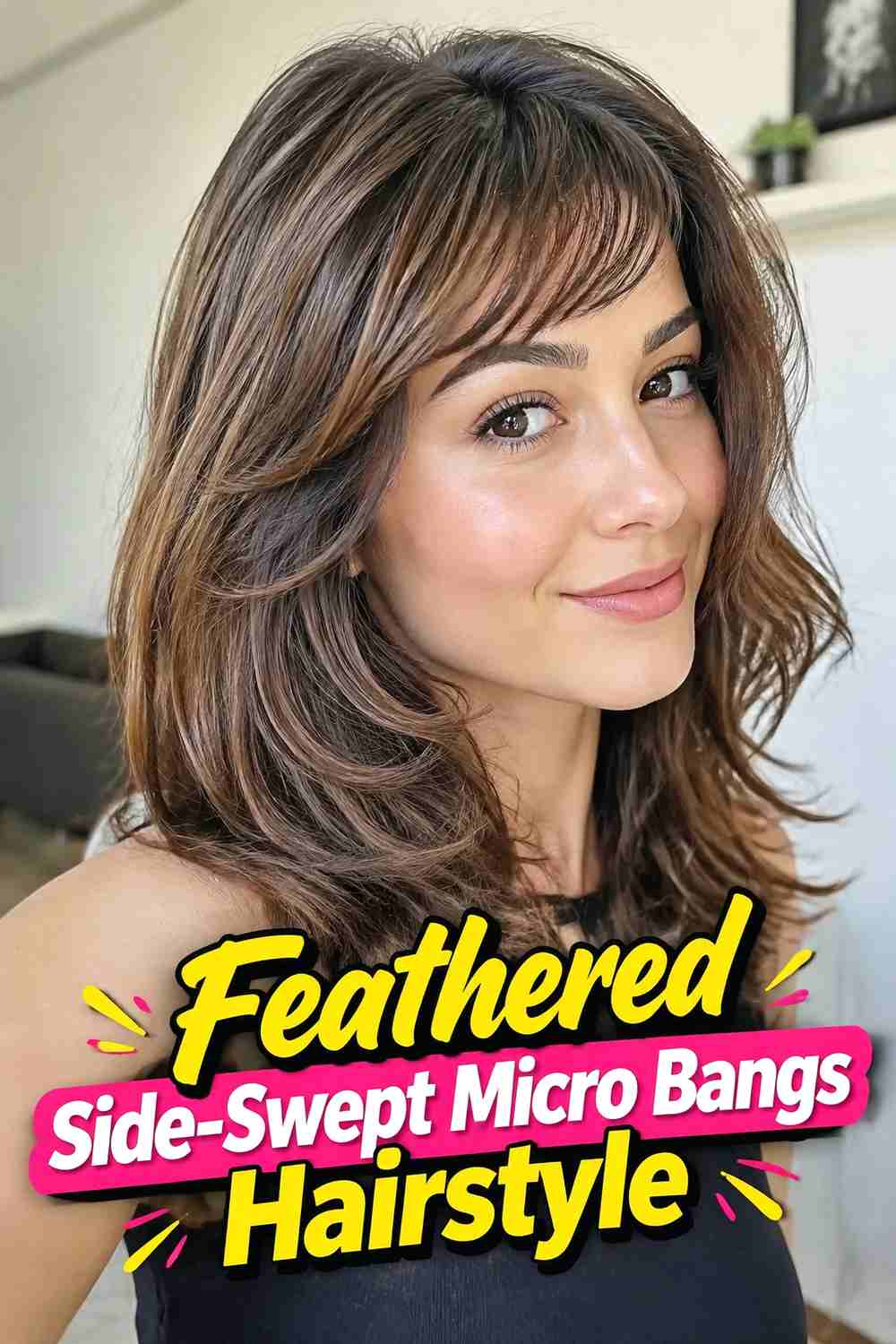 10. Feathered Side Swept Micro Bangs Hairstyle