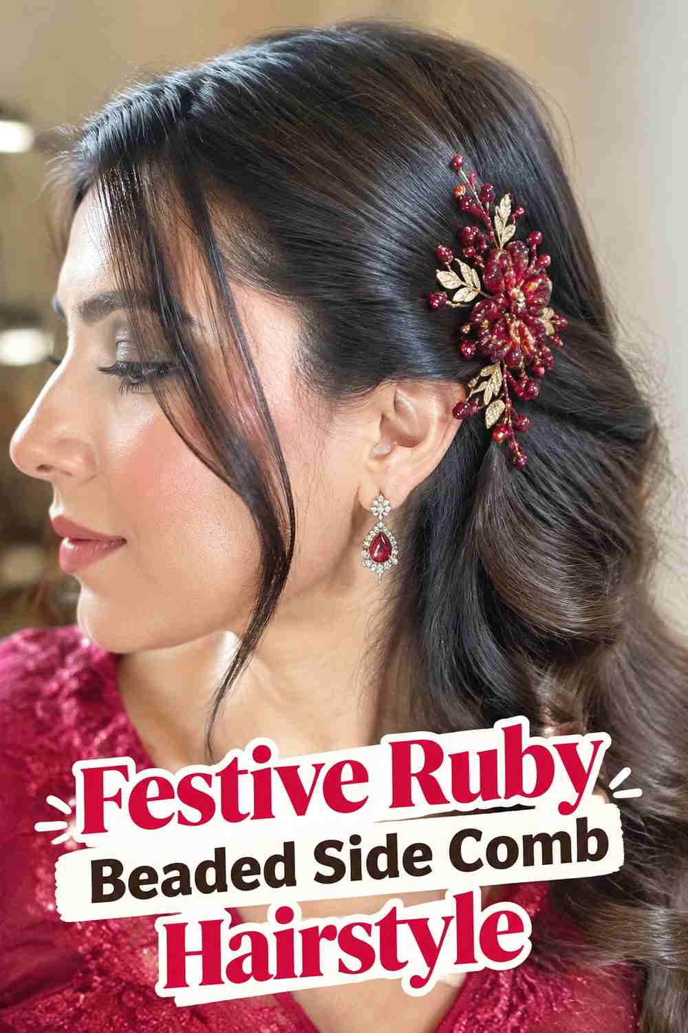 1. Festive Ruby Beaded Side Comb Hairstyle