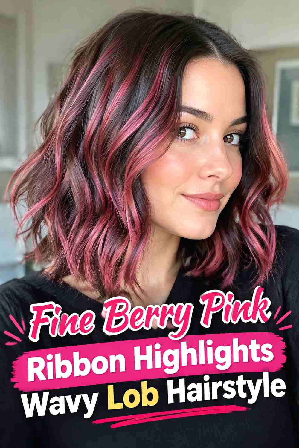 7. Fine Berry Pink Ribbon Highlights Wavy Lob Hairstyle