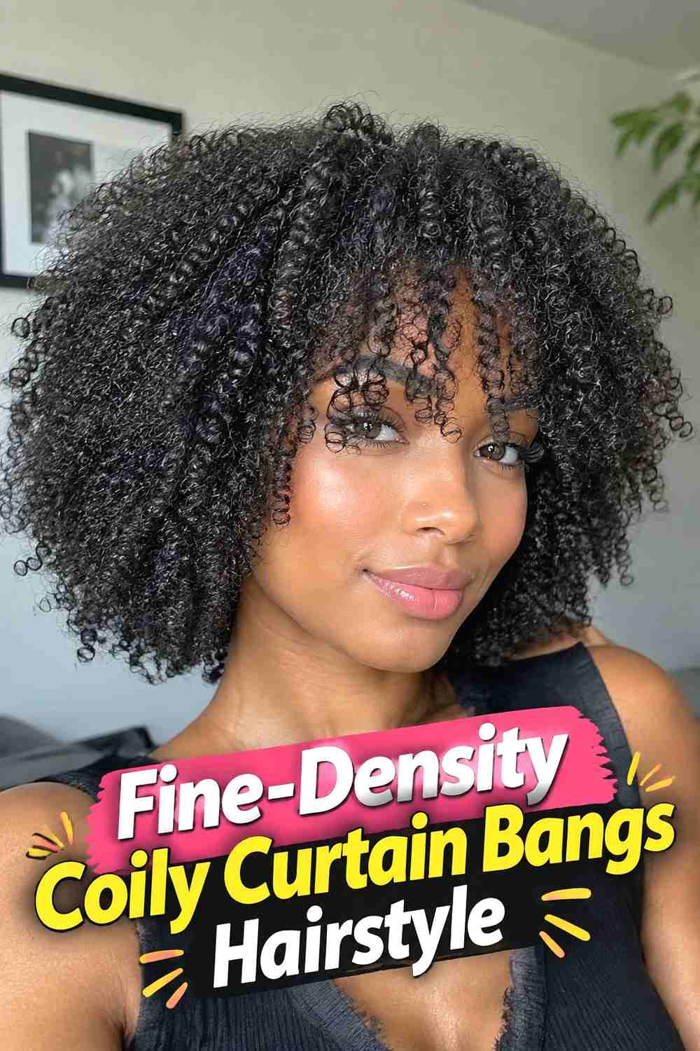 16. Fine Density Coily Curtain Bangs Hairstyle