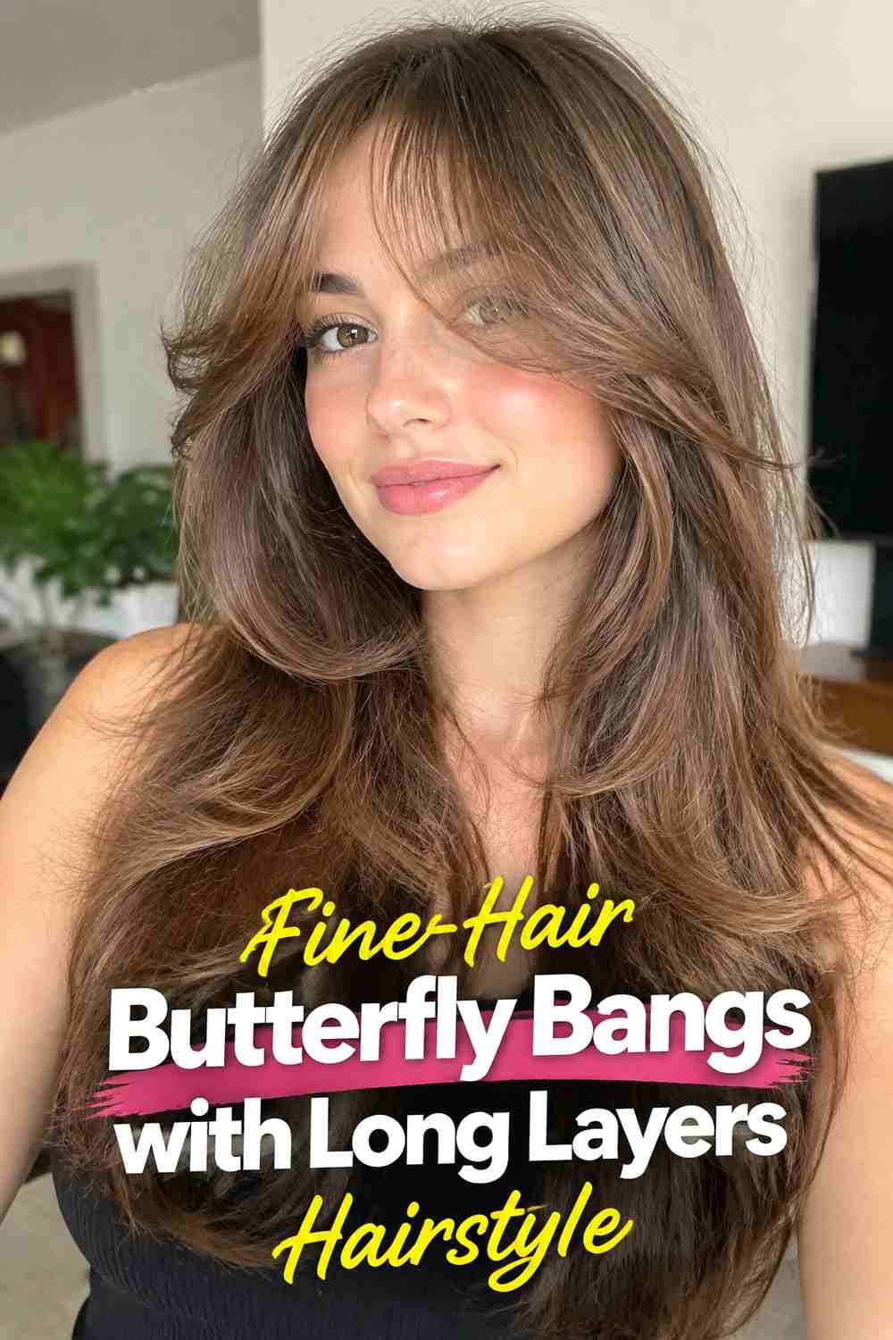 13. Fine Hair Butterfly Bangs With Long Layers Hairstyle