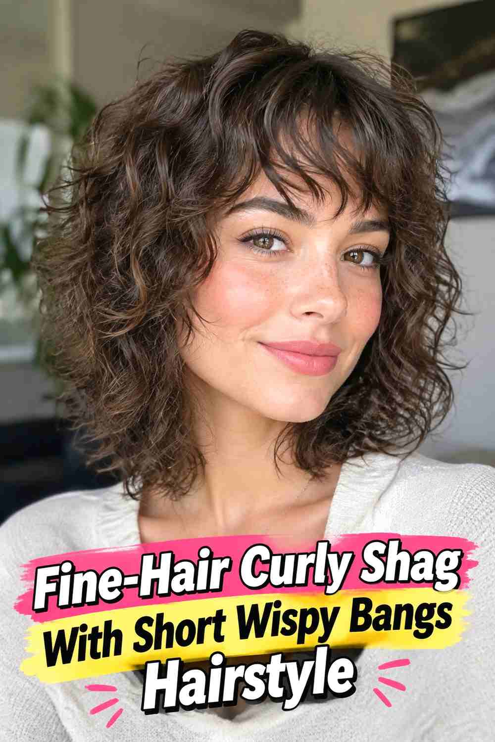 11. Fine Hair Curly Shag With Short Wispy Bangs Hairstyle