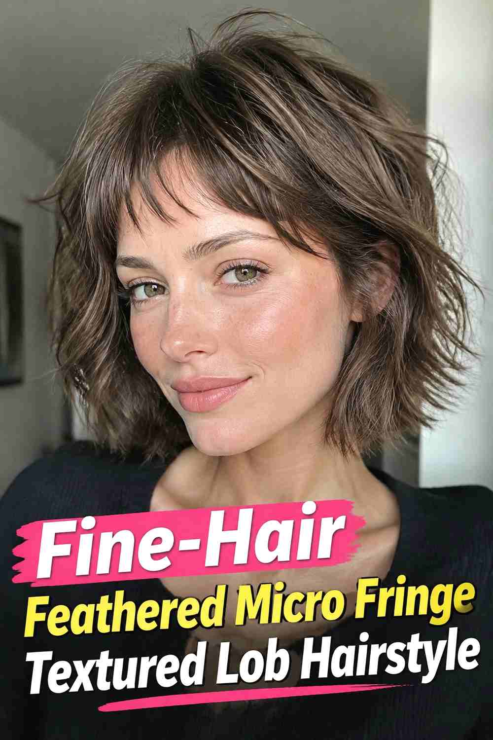13. Fine Hair Feathered Micro Fringe Textured Lob Hairstyle