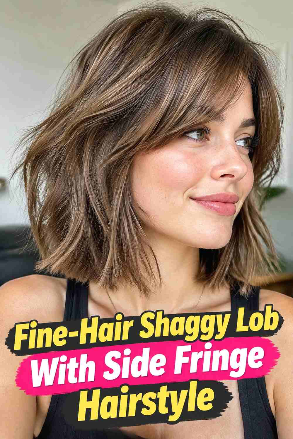 14. Fine Hair Shaggy Lob With Side Fringe Hairstyle