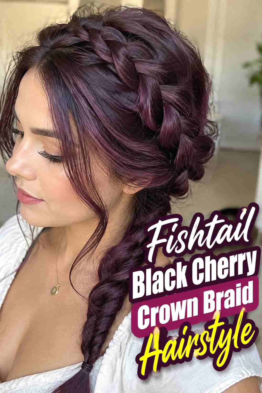 3. Fishtail Black Cherry Crown Braid Hairstyle